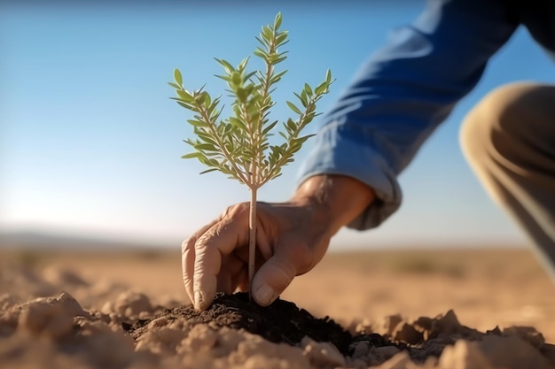Pflanzen Sie einen Baum in der von der KI generierten Wüste