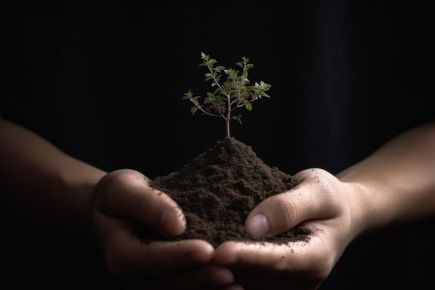Pflanzen Sie in einem Hand-Nachhaltigkeits- und Umweltkonzept Generative KI
