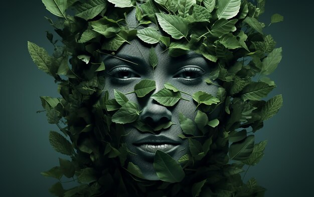 Pflanzenblätter Schönheit Mädchen Gesicht Mode Modell natürliche Nahaufnahme Fotografie