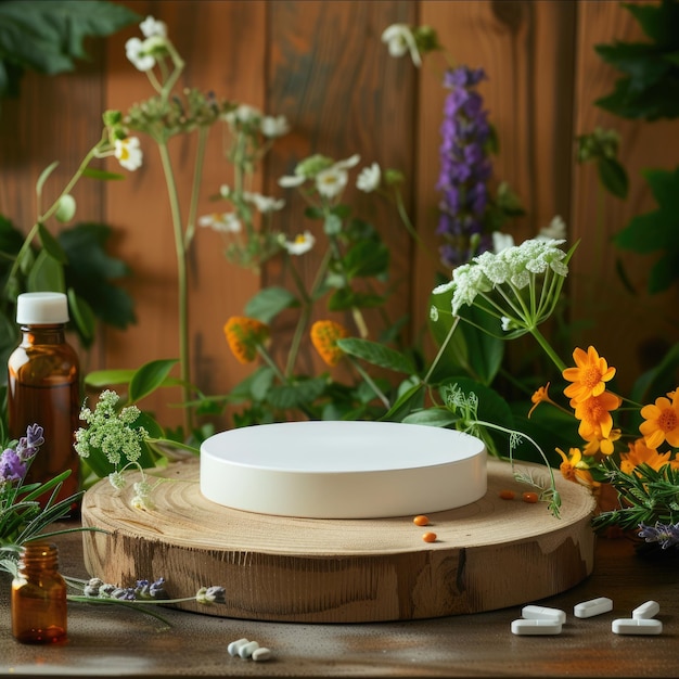 Pflanzenmedizin Stand Mockup leeres Podium auf dem Tisch für Nahrungsergänzungsmittel alternative Medizin Homöopathie pflanzliche Behandlung natürliche Produkte mit Banner und Kopien Platz für Werbung und Werbung