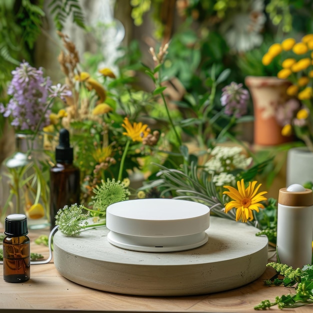 Pflanzenmedizin Stand Mockup leeres Podium auf dem Tisch für Nahrungsergänzungsmittel alternative Medizin Homöopathie pflanzliche Behandlung natürliche Produkte mit Banner und Kopien Platz für Werbung und Werbung