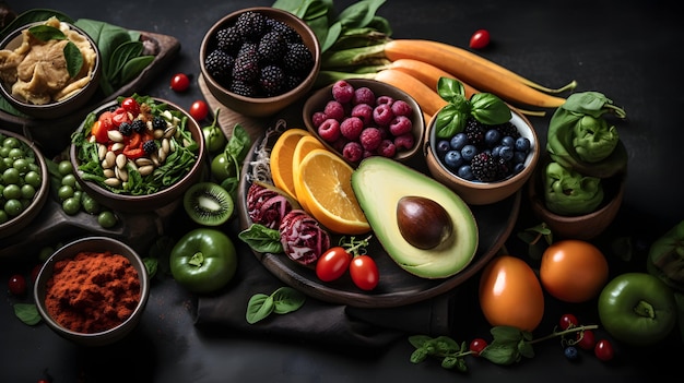 Pflanzliche Ernährung, veganes Essen, vegetarisches Obst, Gemüse, Salat, vegan. Generative KI