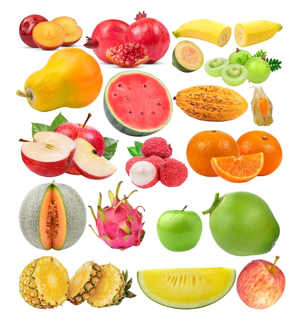 Pflaume Granatapfel Bananen Papaya Betel Areca Wassermelone Indiangoosbeere Kakao Apfel Lychee Orange Melone Drachenfrucht Apfel Ananas auf weißem Hintergrund