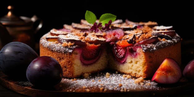 Pflaumenkuchen auf dunklem Hintergrund, appetitliche Tortennahaufnahme, generative KI