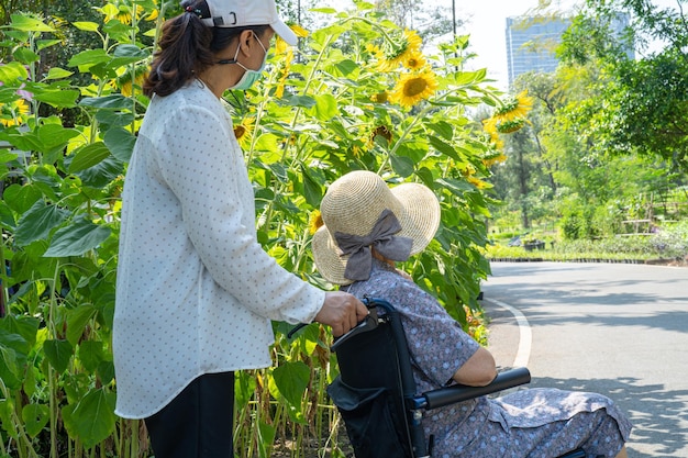 Pfleger helfen und pflegen Asiatische Seniorin oder ältere Patientin der alten Dame sitzt und freut sich im Rollstuhl im Park gesundes starkes medizinisches Konzept