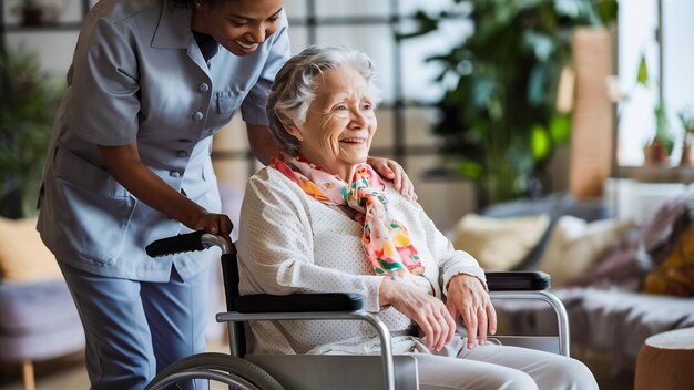 Pfleger schiebt eine ältere Frau im Rollstuhl