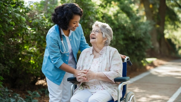 Pflegerin hilft einer älteren Patientin, die auf einem Rollstuhl sitzt