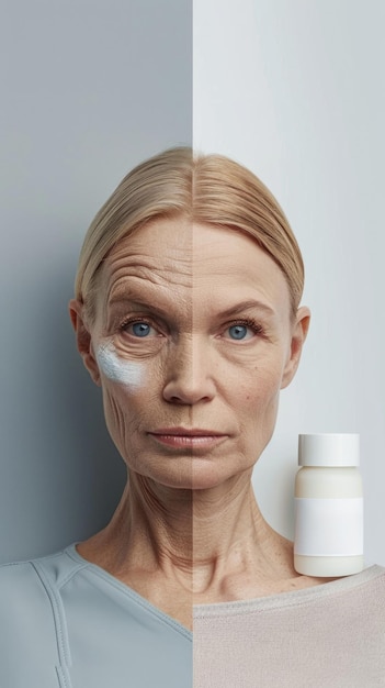 Pflegte und alterte Gesichtshaut, die gleichzeitig die transformative Kraft von Hautpflegeprodukten für jugendliches Strahlen und anmutiges Altern hervorhebt, umfassender Ansatz für Schönheit und Wellness-Banner