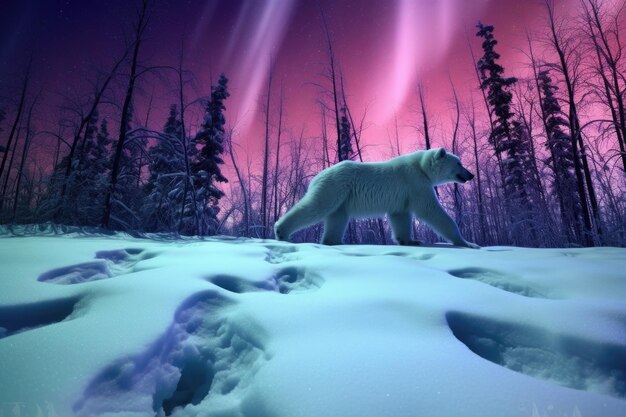 Foto pfotenabdrücke von eisbären auf schnee mit nordlichtern als hintergrund
