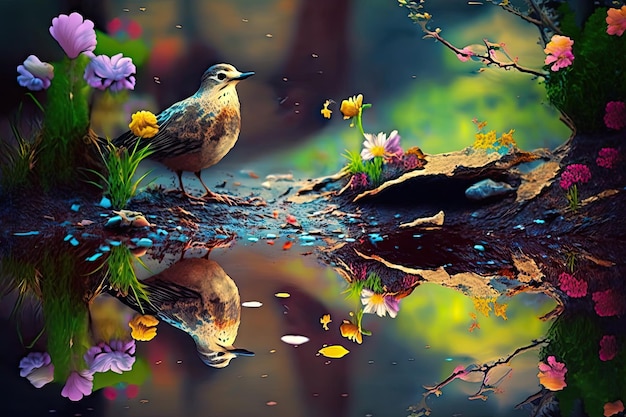 Pfütze mit Spiegelungen von bunten Blumen und Vögeln im Hintergrund