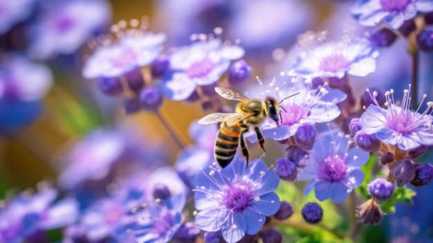 Phacelia tanacetifolia Pflanze Makro einer Honigbiene Ai generativ