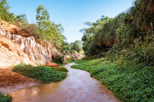 Phan Tiet, Vietnã. Fairy Stream Canyon, Mui Ne, Vietnã, sudeste da Ásia. Bela paisagem cênica com rio vermelho, dunas de areia e selva