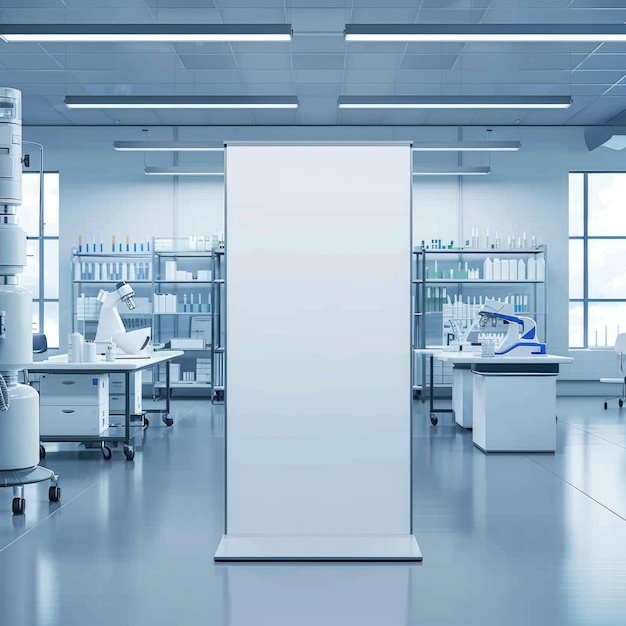 Pharmakologisches Medizinstand-Mockup leeres Podium auf einem Tisch mit Banner und Kopierraum, das die Forschung und Innovation von pharmazeutischen Produkten in der Gesundheitsbranche präsentiert