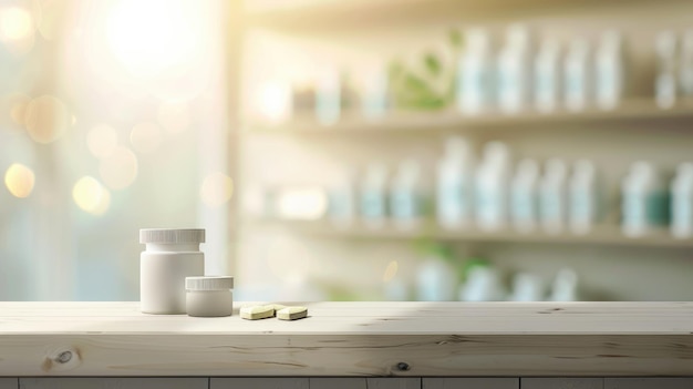 Pharmakologisches Medizinstand-Mockup leeres Podium auf einem Tisch mit Banner und Kopierraum, das die Forschung und Innovation von pharmazeutischen Produkten in der Gesundheitsbranche präsentiert