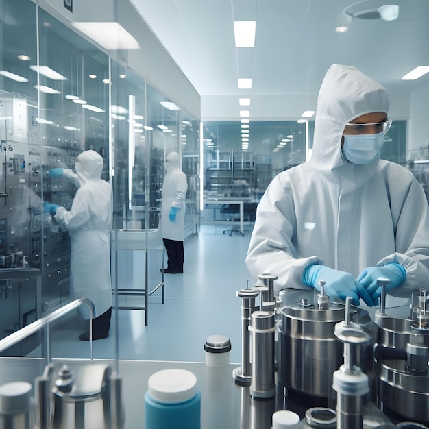Pharmazeutische Techniker arbeiten in sterilen Arbeitsbedingungen in einer Pharmafabrik
