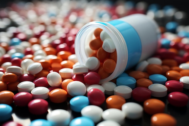 Pharmazeutisches Ambiente zum Leben erweckt durch weiße Medizintabletten und Antibiotikapillen