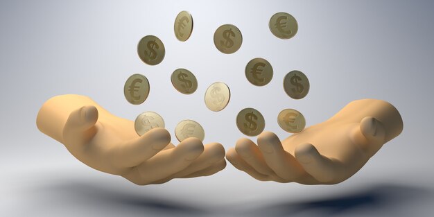 Foto philanthropie-banner. hände, die münzen halten. wohltätigkeit. spende. 3d-darstellung.