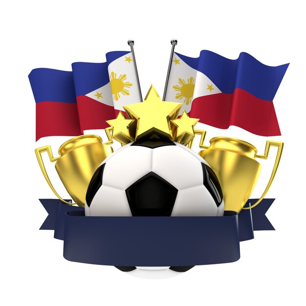 Philippinen Flagge Fußball Gewinner Emblem mit Trophy Stars Ball und Band 3D-Rendering