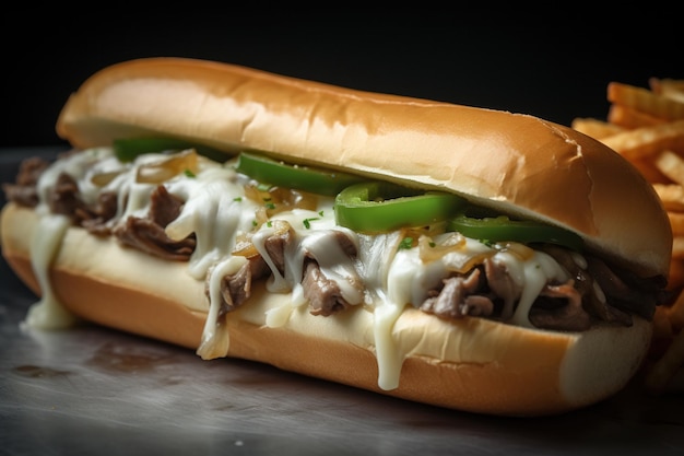 Philly-Cheesesteak-Sandwich mit geschmolzenem Mozzarella auf dem Tisch und dunklem Hintergrund