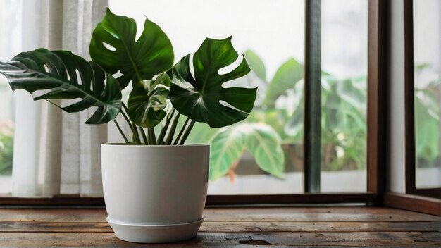 Philodendron Selloum in Pflanzentopf auf Holztisch und frei Wand weißer Hintergrund