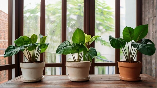 Philodendron Selloum en la olla de la planta en la mesa de madera y libre de la pared de fondo blanco