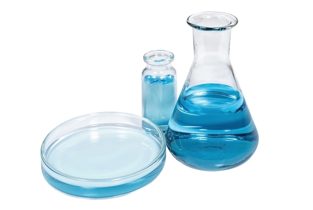 Phiole Petrischale und Zwiebel mit blauer Flüssigkeit Medikamente und Gesundheitswesen