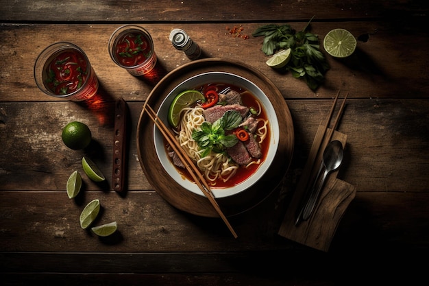 Pho de ternera vietnamita con salsa sriracha en una mesa de madera en una perspectiva superior