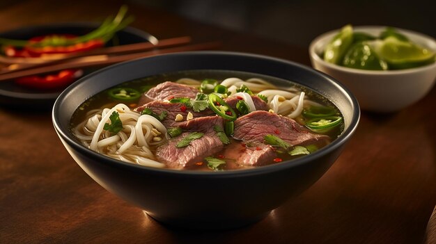 Pho Uma tigela fumegante de conforto vietnamita apresentando macarrão de arroz imerso em caldo de carne perfumado