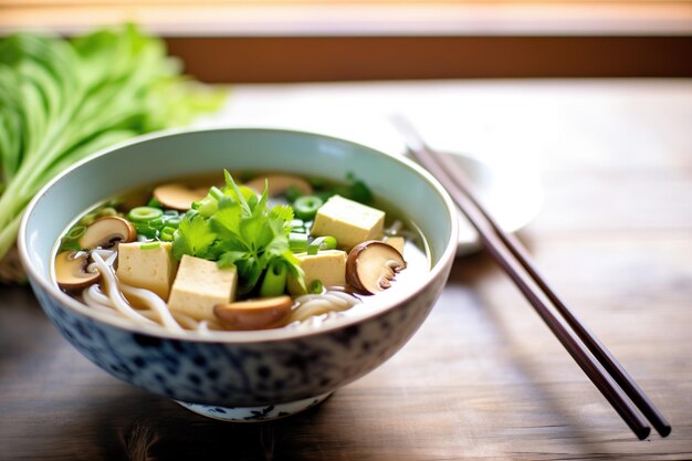Pho vegetariano con tofu y champiñones y hierbas encima