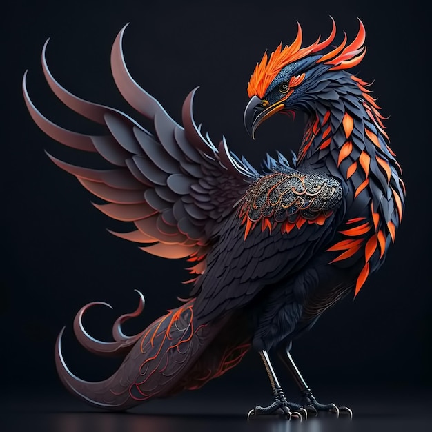 Phoenix fantastic bird em fundo preto generative ai