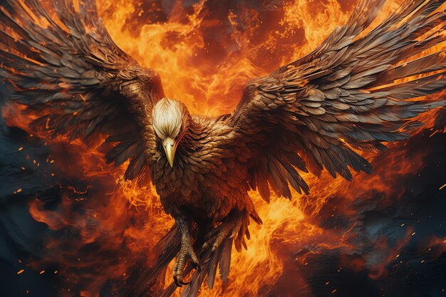 Foto phönix-vogel mit ausgebreiteten flügeln, der in flammen aufsteigt. epische feuer-wiedergeburtskraft des phönix-vogels