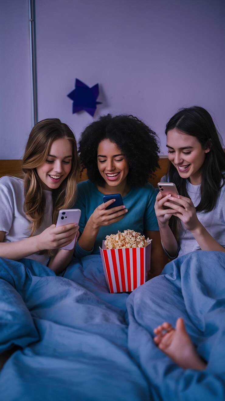Foto phone popcorn e pijama com amigos no quarto de casa juntos para ligação à noite