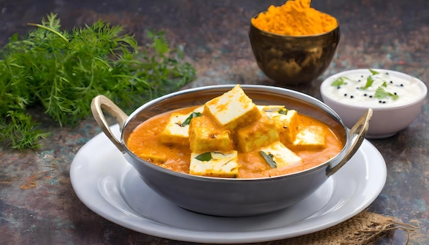 Photo chole paneer curry feito com grão-de-bico cozido com queijo cottage com especiarias