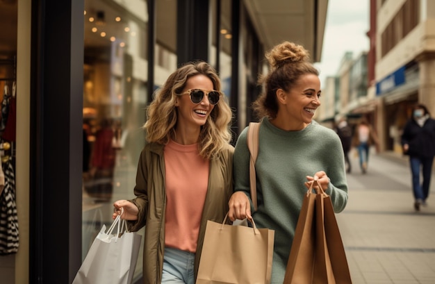 photo Mulheres e amigas se divertindo enquanto fazem compras