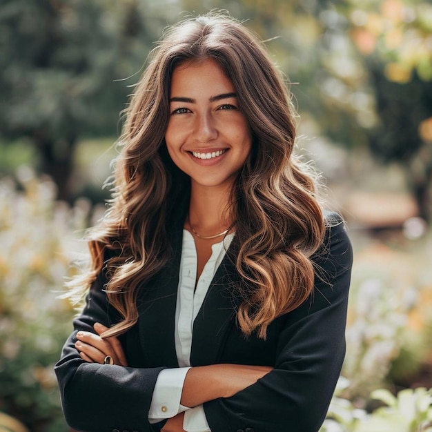 Foto photo of a smiley businesswoman posing outdoor with arms crossed