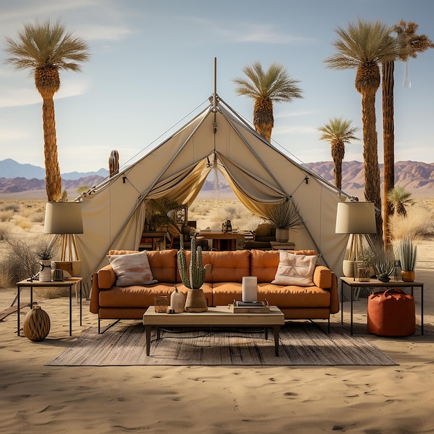 photo_of_desert_tent_palm_trees_vibrant_minimalist