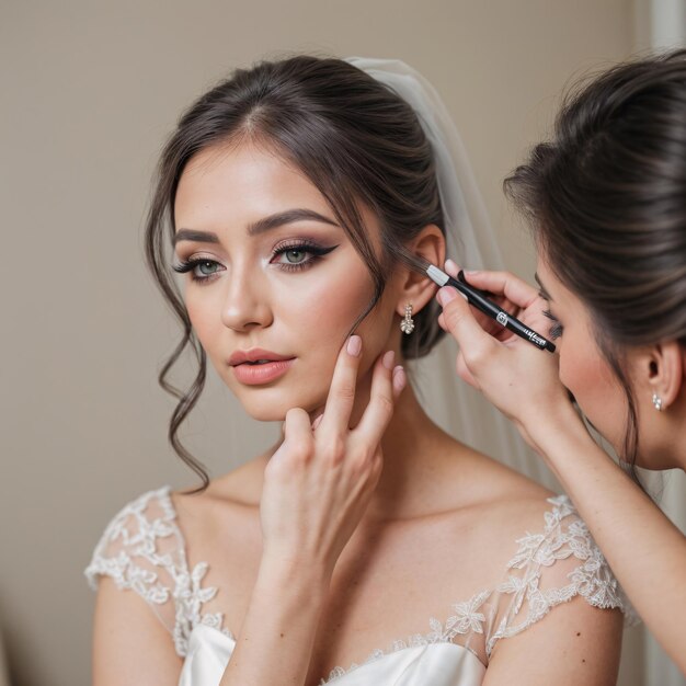 Foto photo of makeup artist doing bridal woman elegant makeup