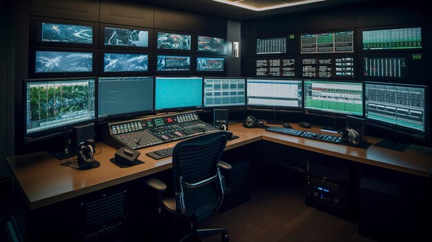 Foto a photo of a video editing suite with multiple screen