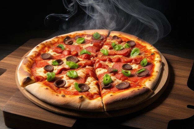 Foto photo panela de pizza saborosa na mesa de madeira com fumaça