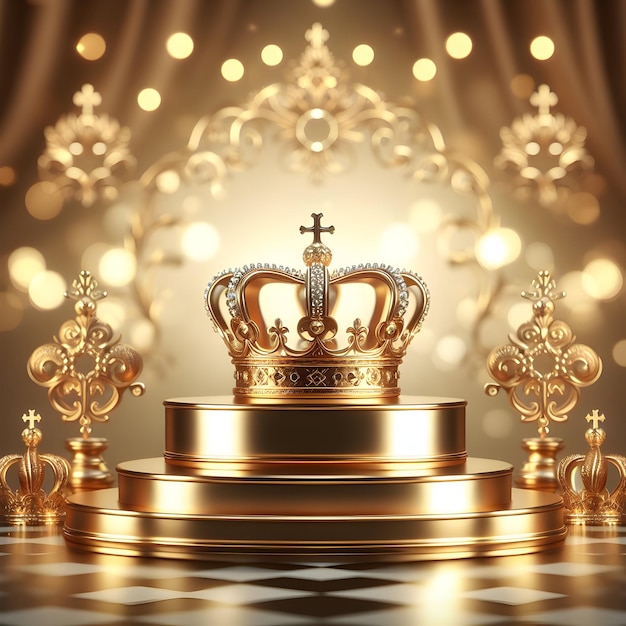 Photoreal 3D con Regal Podium con un fondo borroso o bokeh del motivo de la Corona de Oro 1jpg