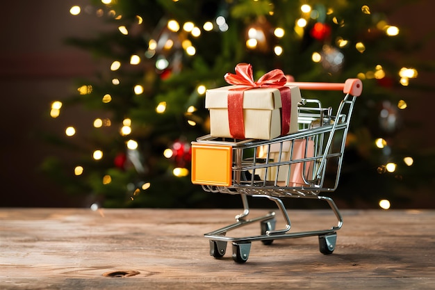 PhotoStock Mini carrito de compras con caja de regalos concepto de compras festivas