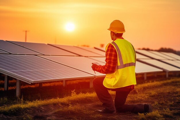 Photovoltaik-Ingenieur arbeitet an digitalem Tablet im Solarkraftwerk