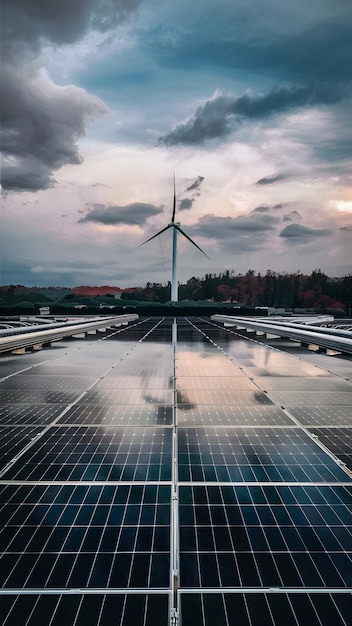 Foto photovoltaik-kraftwerks-solarpaneele unter bewölktem himmel vertikal-mobilwandpapier