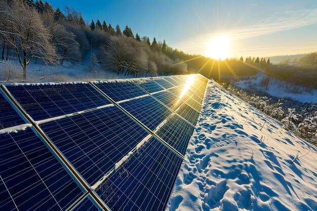 Photovoltaik-Solarmodule auf dem Feld bei Sonnenuntergang oder Sonnenaufgang im Winter