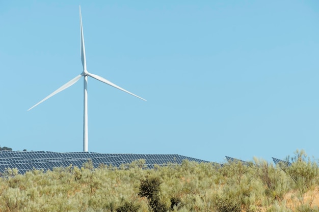 Photovoltaikzelle für Solarenergie und Windkraftanlagenpark-Stromerzeuger in der Naturlandschaft