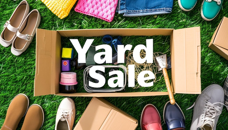 Foto phrase yard sale auf einer schachtel mit verschiedenen sachen auf grünem gras