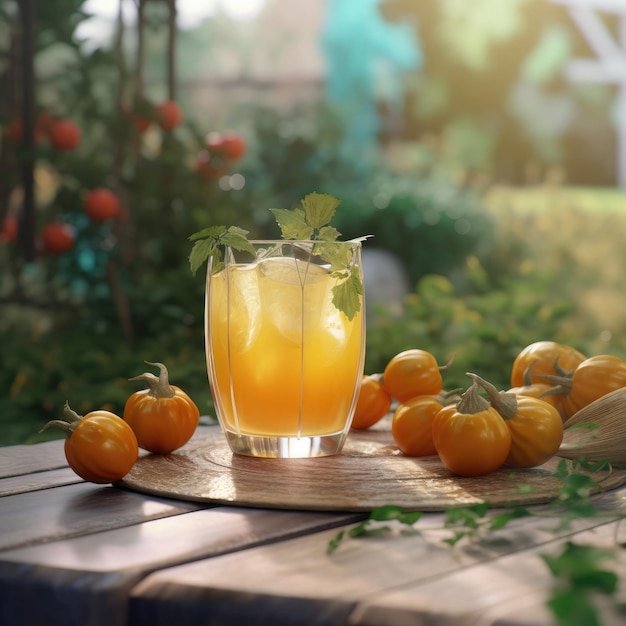 Physalis-Saft mit Spritzern mit gemahlenen Kirschfrüchten im Studio-Hintergrundrestaurant mit Garten