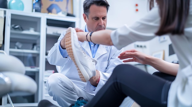 Foto physiotherapeut hilft einem patienten mit fußschmerzen