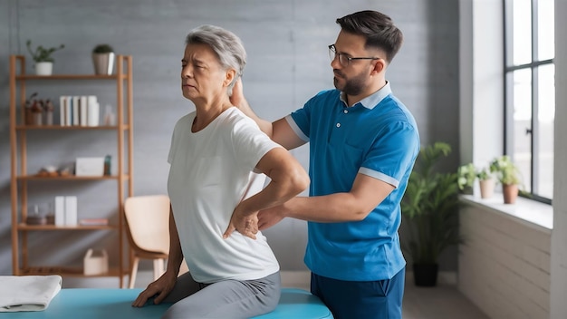 Physiotherapeut hilft seinem Patienten, die Haltung zu korrigieren, um Rückenschmerzen zu vermeiden