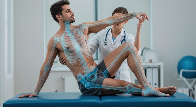 Physiotherapeut untersucht einen männlichen Patienten mit digitaler Skelettüberlagerung